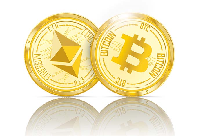 Ethereum ja Bitcoin kolikkoja